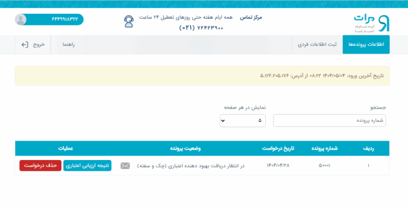 نمای پنل کاربری در سامانه مرآت